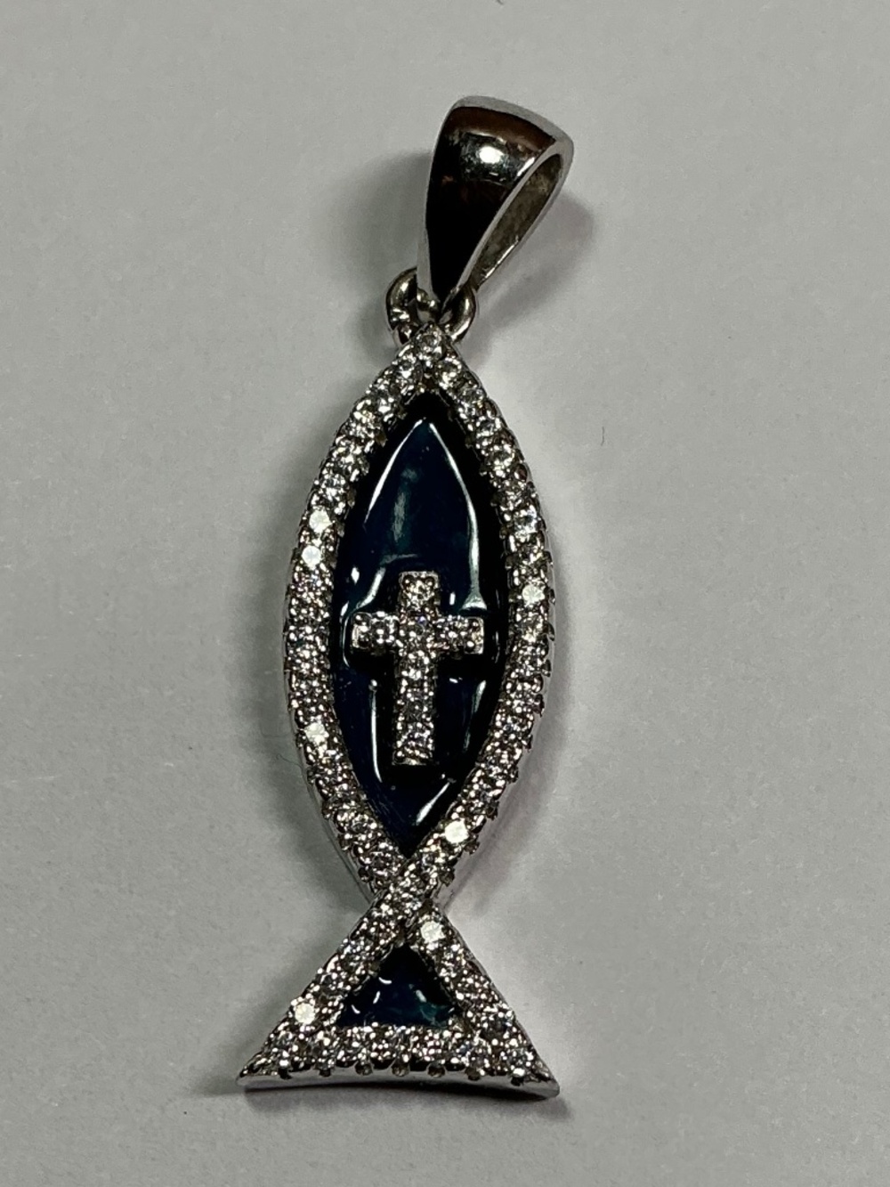 Sterling Silver Ichthys Cross Pendant with clear stones.  1.25 inches long